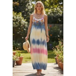 SAVANNA JANE ombre tie dye embroidered boho dress size L coastal hippie festival